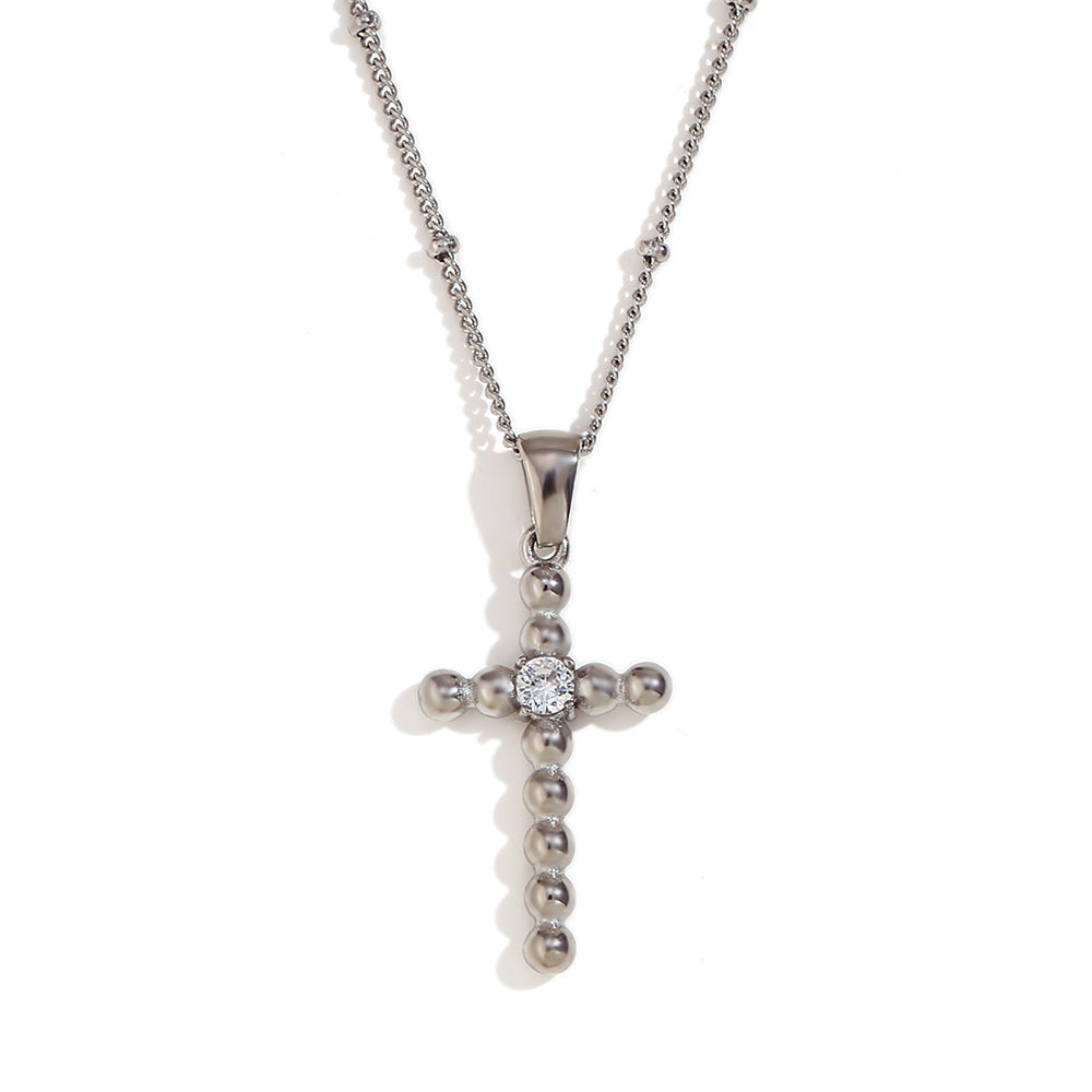 Vintage Minimalist Geometric Stainless Steel Plated 18K Gold Cross Pendant Necklace with Zircon Bead for Women