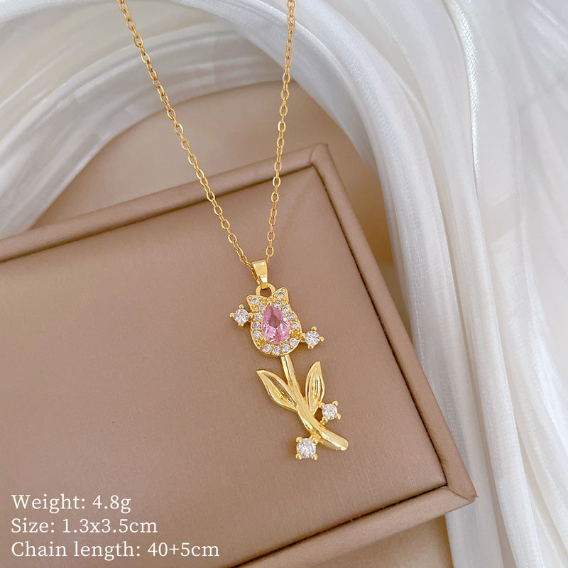 Collana da donna con ciondolo a tulipano di lusso interamente in strass, catena delicata per clavicola in acciaio al titanio con design geometrico
