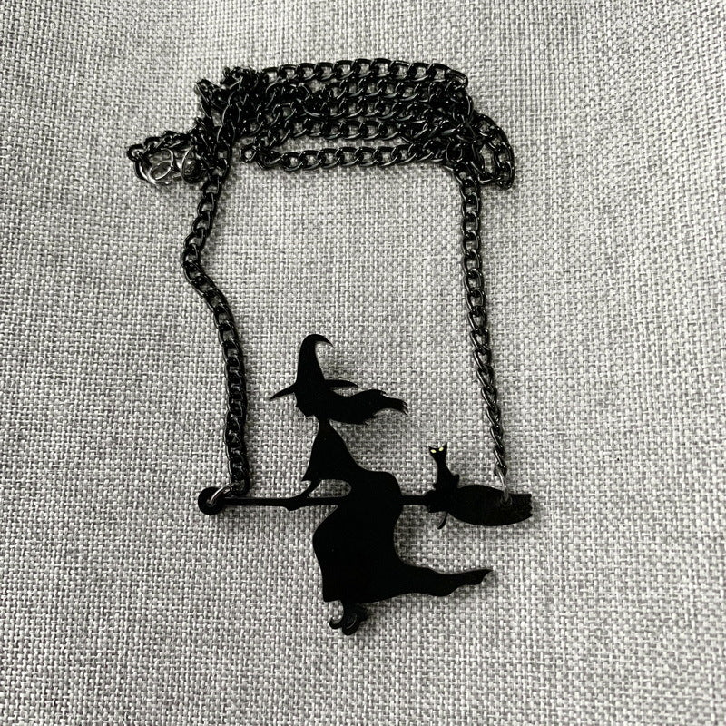 Collar gótico de Halloween con colgante de escoba de bruja, pez y gato negro para mujer y hombre, con cadena de serpiente en resina