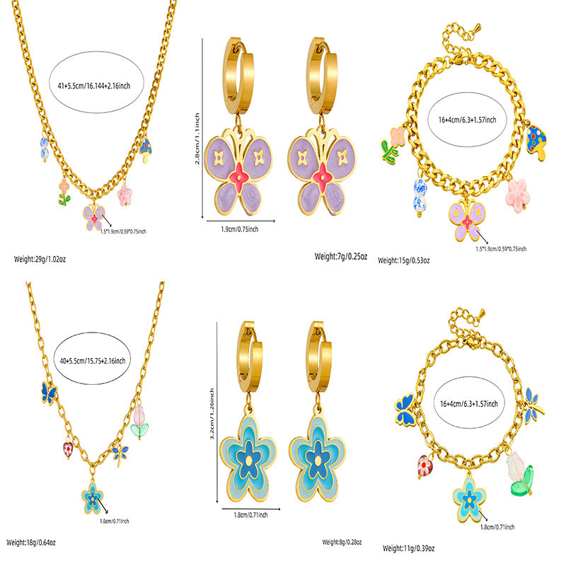 Sweet Colorful Drip Oil Flower Butterfly Pendant Gold Plated Stainless Steel Jewelry Set with Cable Chain