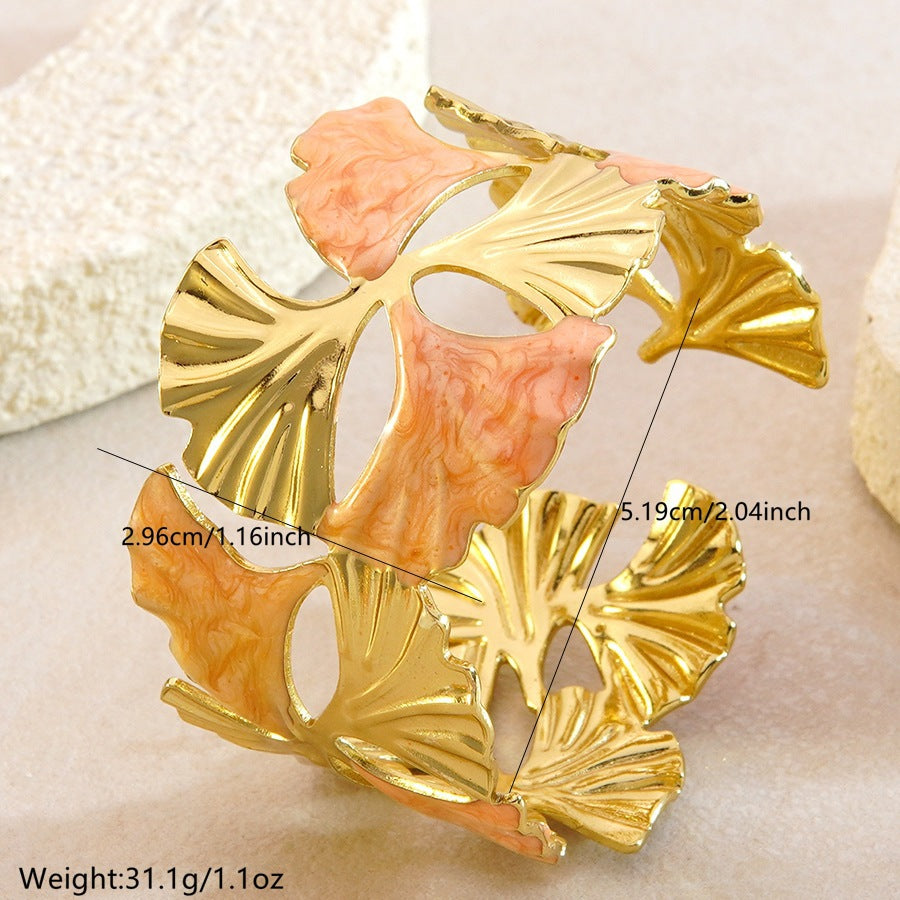Sweet Minimalist Drip Oil Floral Ginkgo Leaf Stainless Steel Cuff Bracelet