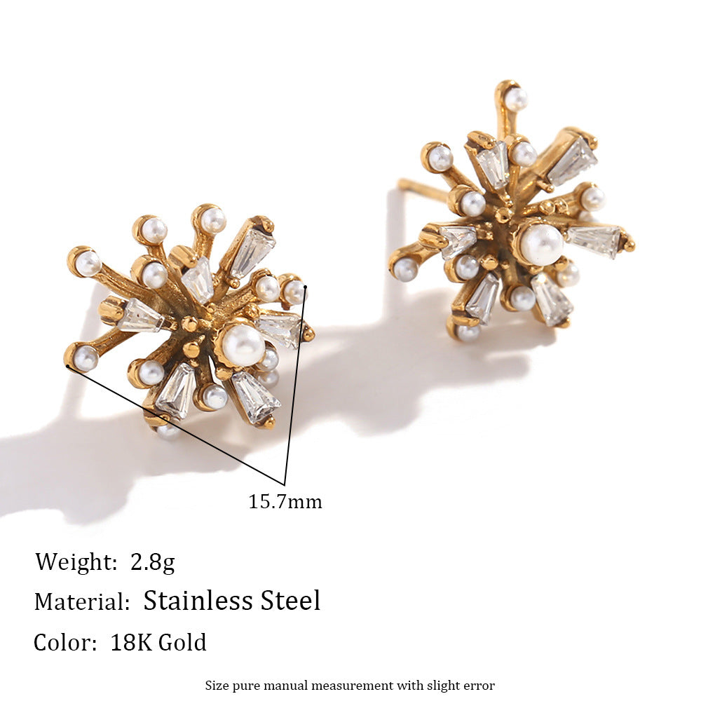 Orecchini alla moda in acciaio inossidabile a forma di fiore con placcatura in oro 18 carati, perle e zirconi, da donna