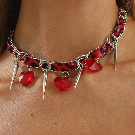 Collar de cuero con estampado de leopardo estilo lujo con colgante de cuentas de cristal para mujer, cadena minimalista para clavícula con acabado chapado
