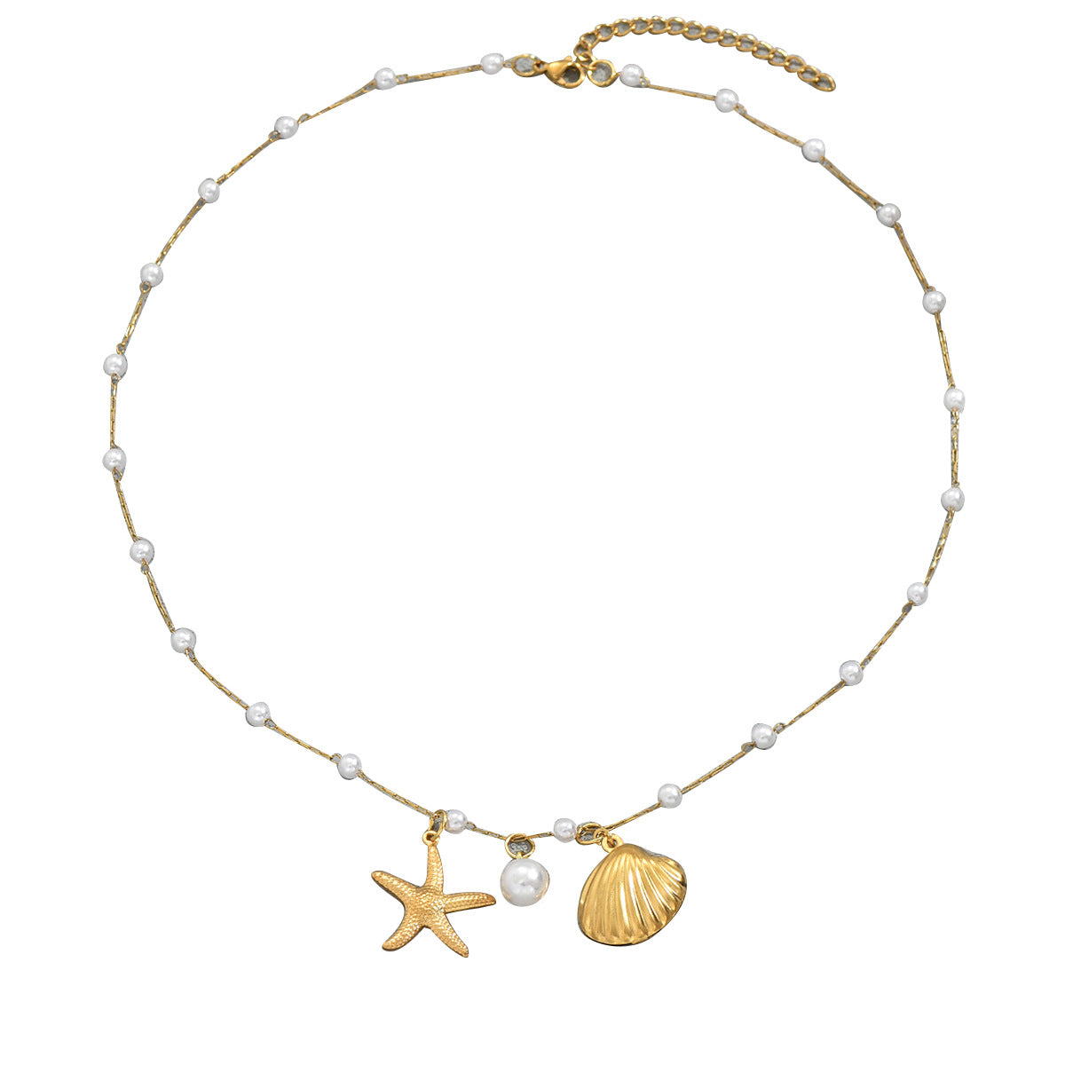 Collar con colgante de caballito de mar geométrico para mujer en cobre con incrustaciones de perlas, joyería de moda inspirada en el océano
