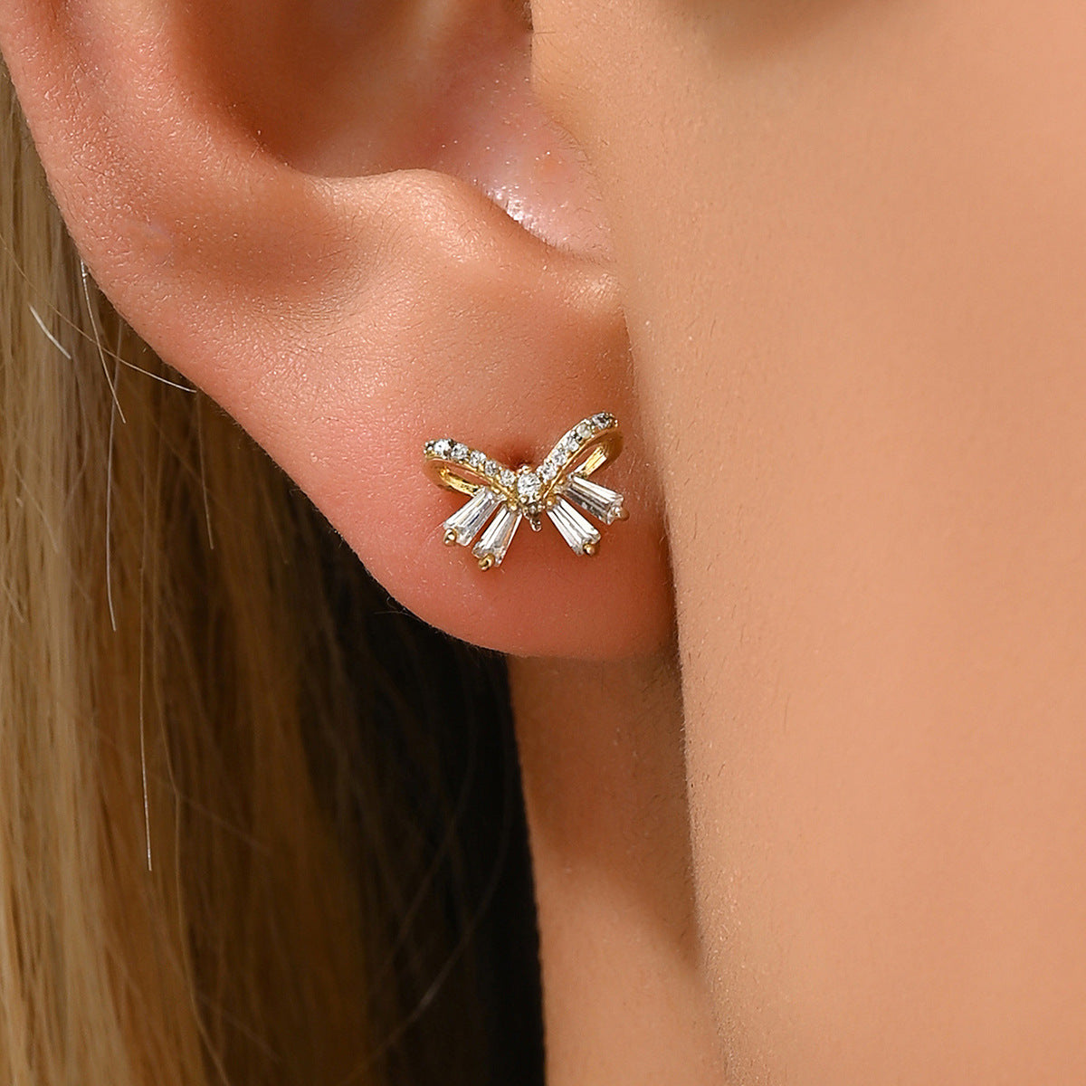 Forest Style Bow Knot Shaped Copper Earrings with Zircon Inlay for Women