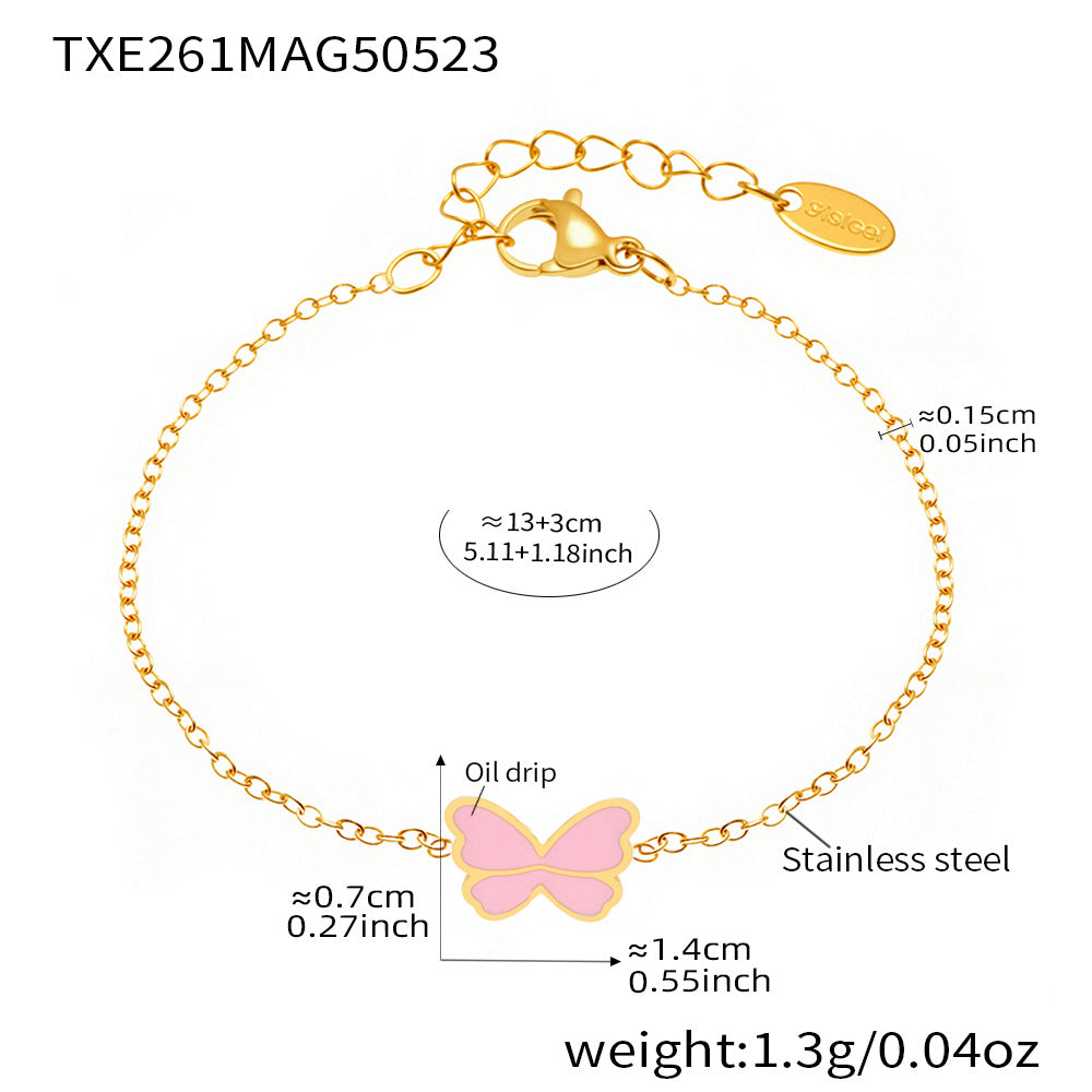 Pink Butterfly Necklace Set for Girls with Stainless Steel Chain and Titanium Steel Pendant, Enamel Finish, Fashionable Minimalist Jewelry Collection Including Necklace, Bracelet, Ring, and Earrings