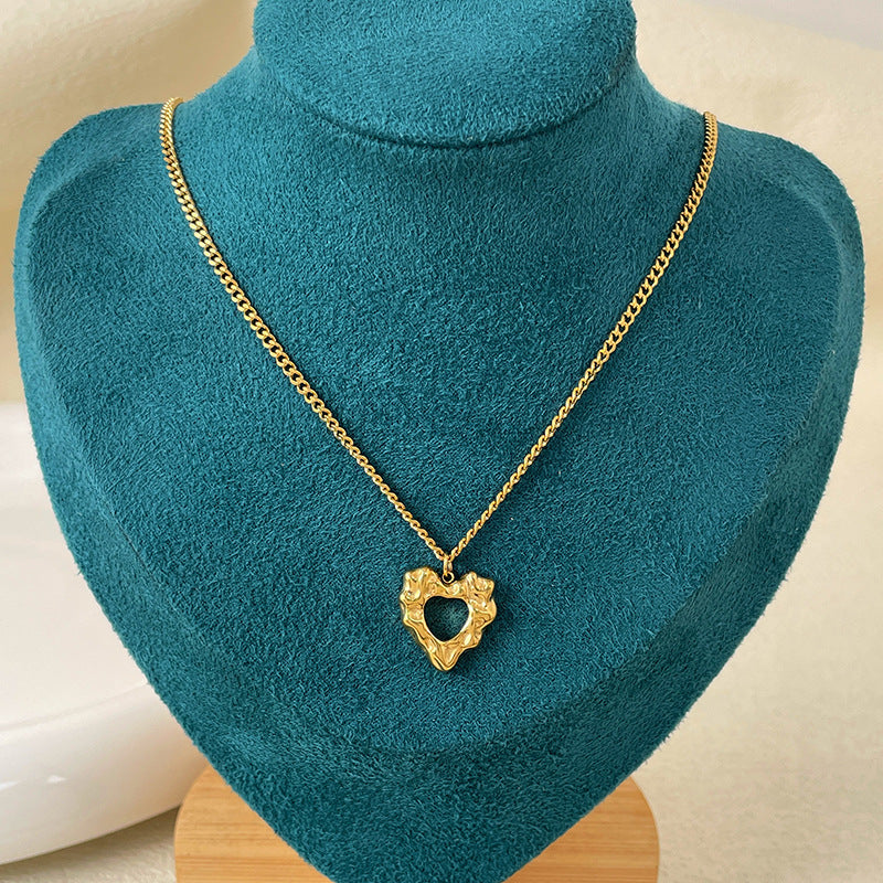 Abstract Heart Pendant Necklace for Women in Titanium Steel with Gold Plating, Minimalist Geometric Design, French Vintage Style, Sweater Chain