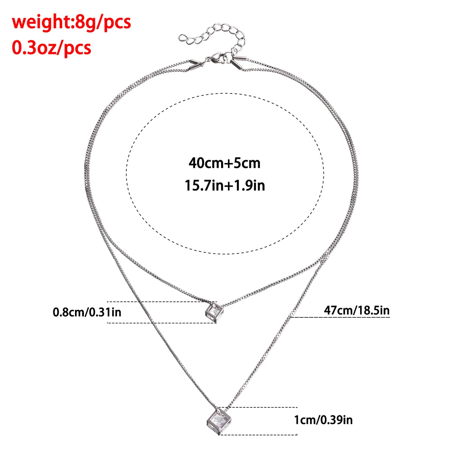 Geometric Cube Pendant Necklace for Women with Zircon Inlay on Double-Layer Alloy Box Chain with Plated Finish