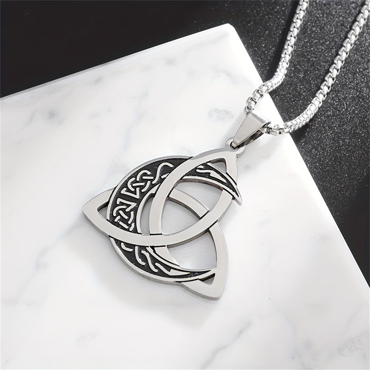 Vintage Viking Triangle Knot Moon Phase Pendant Necklace for Men and Women in Stainless Steel with Titanium Steel Charm and Electroplated Finish