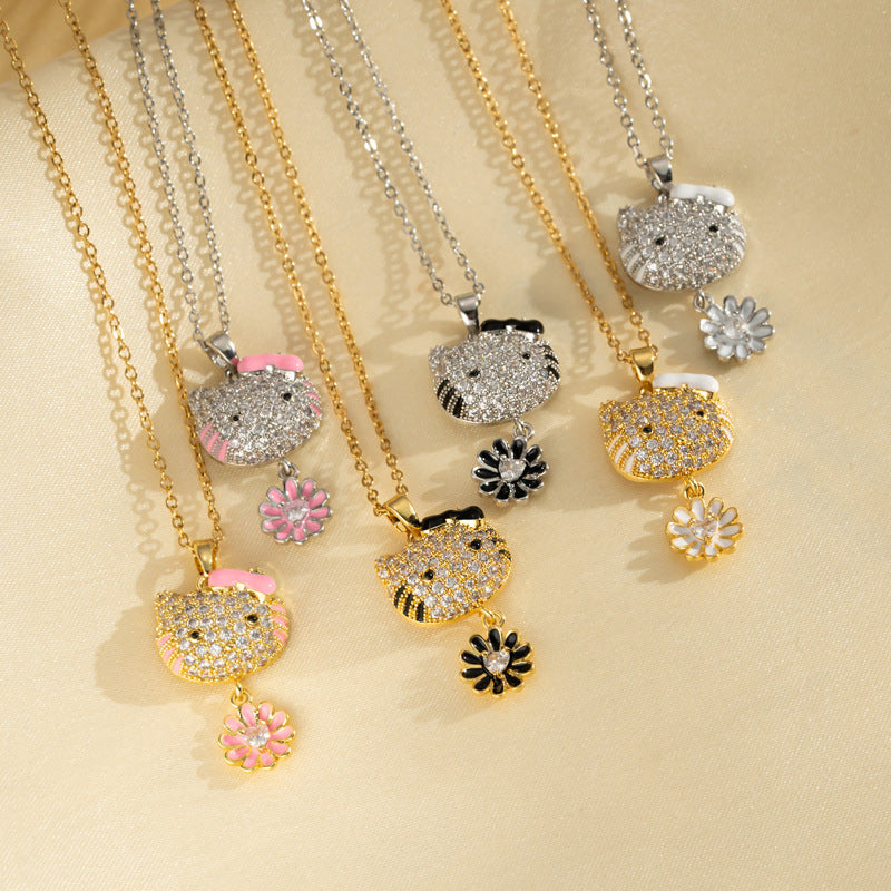 Collana con ciondolo di lusso a forma di gatto floreale da donna in acciaio al titanio con intarsi di strass su catena a O