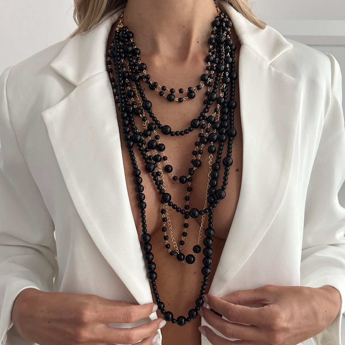 Exaggerated Geometric Faux Pearl Multi-layer Long Handmade Beaded Necklace for Women
