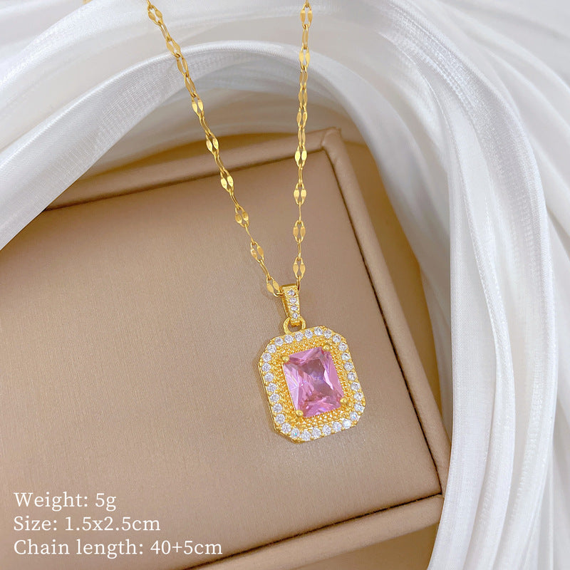 Minimalist Sweet Square Geometric Titanium Steel Necklace with Brass Pendant Inlaid with Cubic Zirconia Floral Design