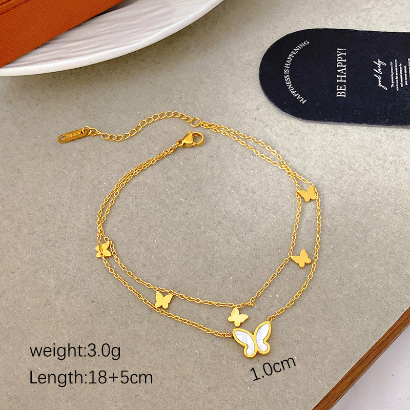 Minimalist Gold Plated Titanium Steel Heart Butterfly Rhinestone Anklet with Tassel