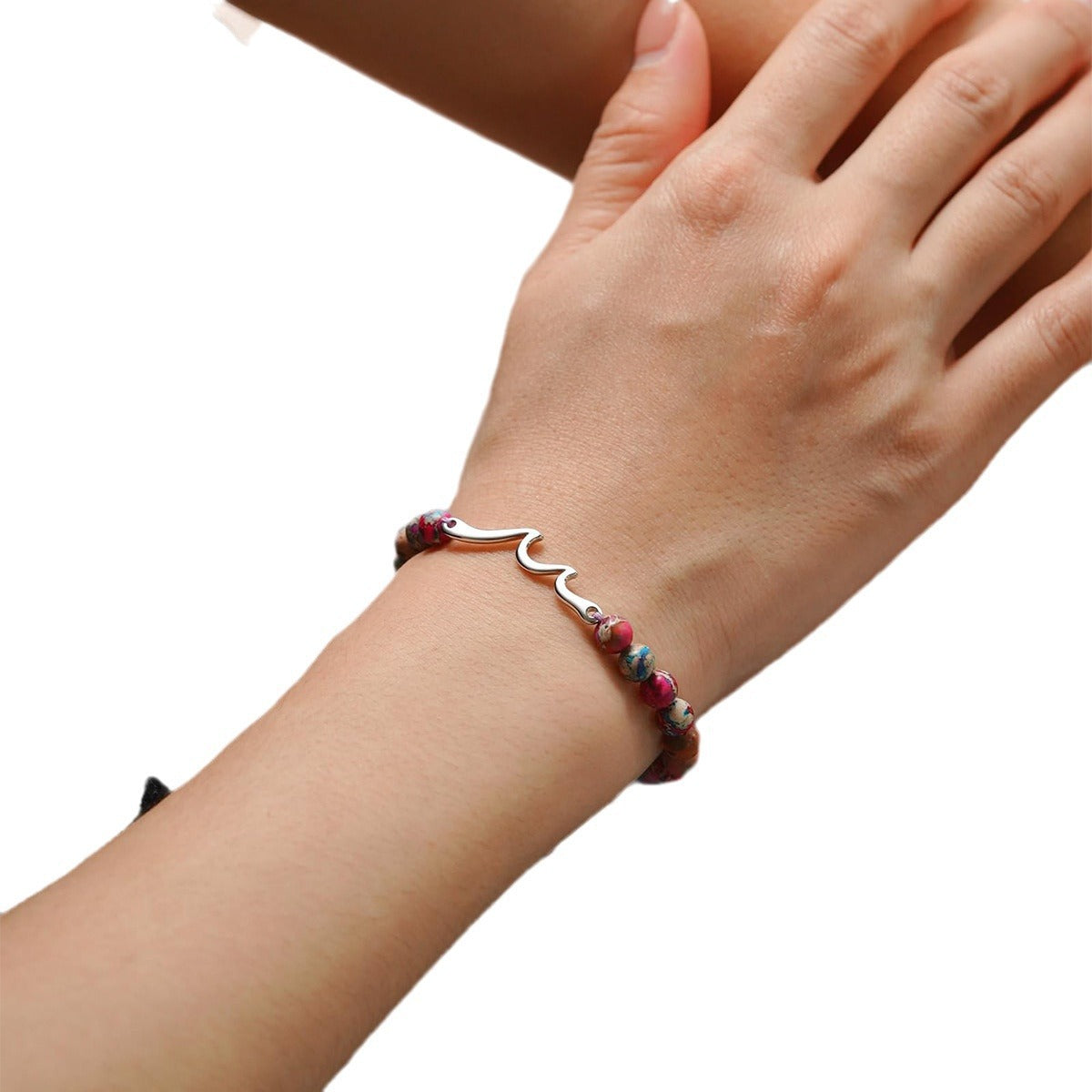 Handmade Woven Stainless Steel Beaded Bracelet with Wave Pattern