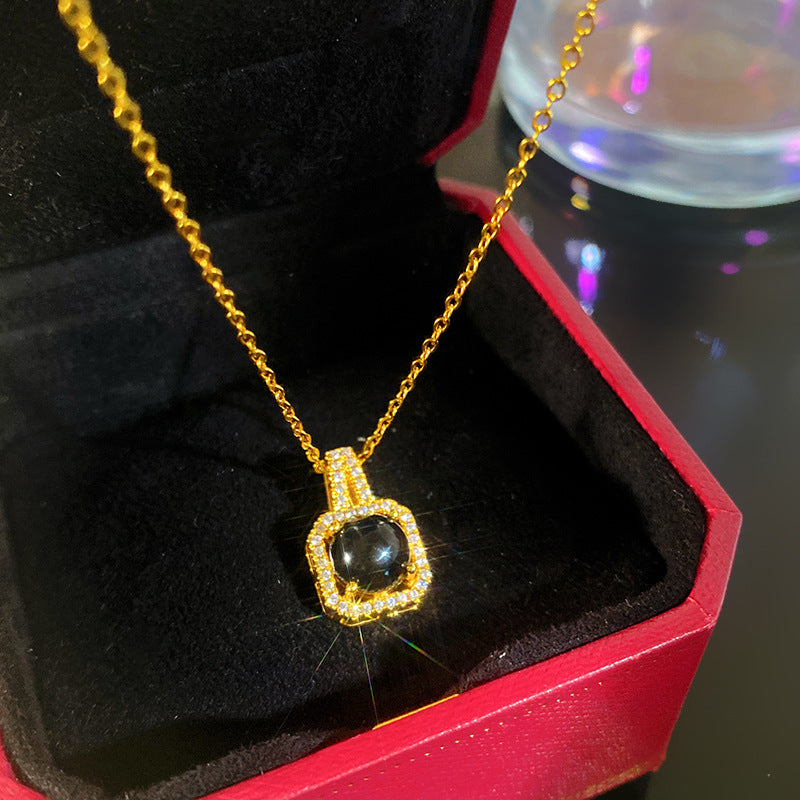 Sporty Sweet Micro-Set Cubic Zirconia Fruit Square Pendant Titanium Steel Cable Chain Necklace