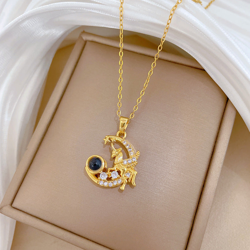 Sweet Luxury Moon Geometric Rhinestone Pendant Titanium Steel Necklace for Unisex