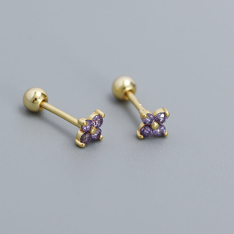 Orecchino a perno filettato da donna minimalista in argento sterling 925 con intarsi floreali e zirconi cubici