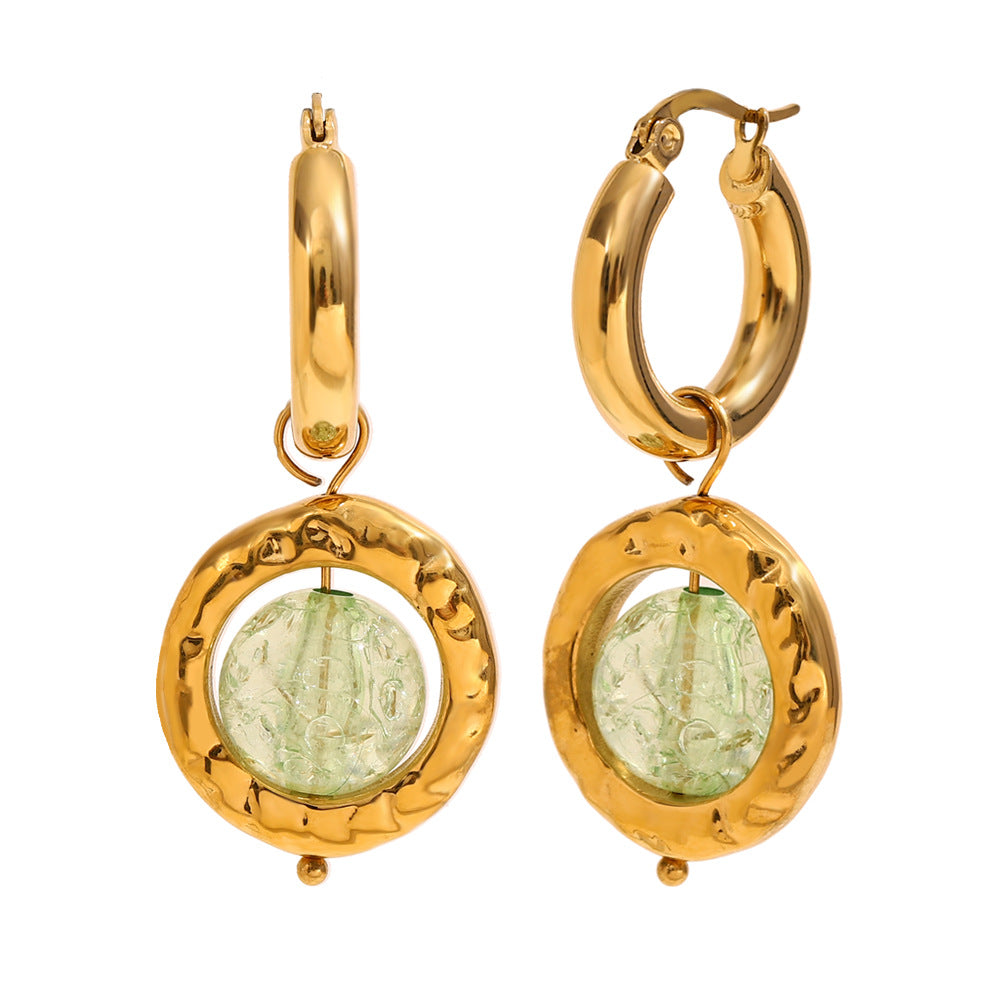 Orecchini alla Moda in Acciaio Inossidabile con Motivo Geometrico, Placcatura in Oro 18K e Ciondolo in Vetro Artigianale da Donna