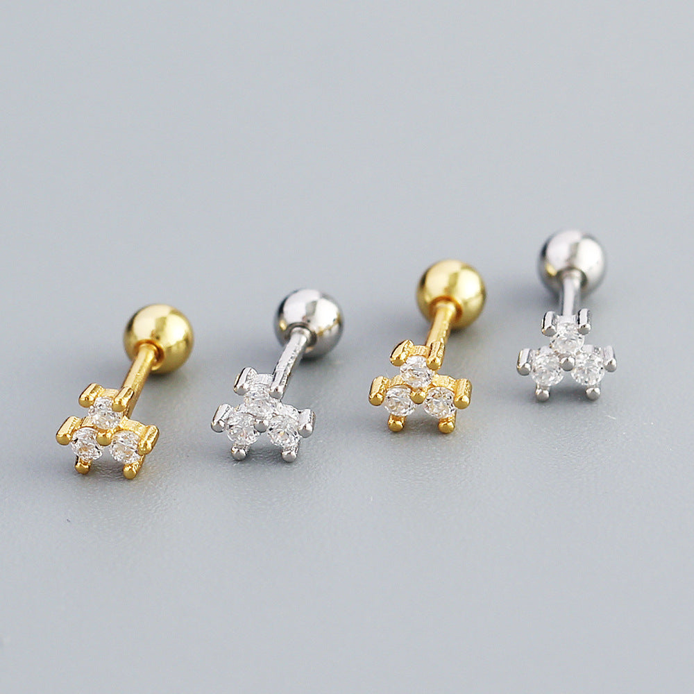 Orecchini a perno in argento sterling S925 a forma floreale minimalista con intarsio in strass e mini chiusure a vite