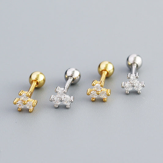 Orecchini a perno in argento sterling S925 a forma floreale minimalista con intarsio in strass e mini chiusure a vite
