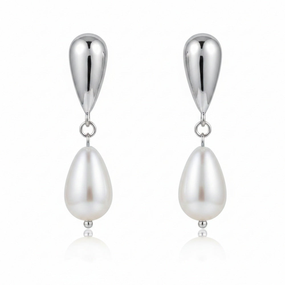 Minimalist Elegant Teardrop Round Pearl Brass Plated Earrings with 925 Sterling Silver Posts for Women