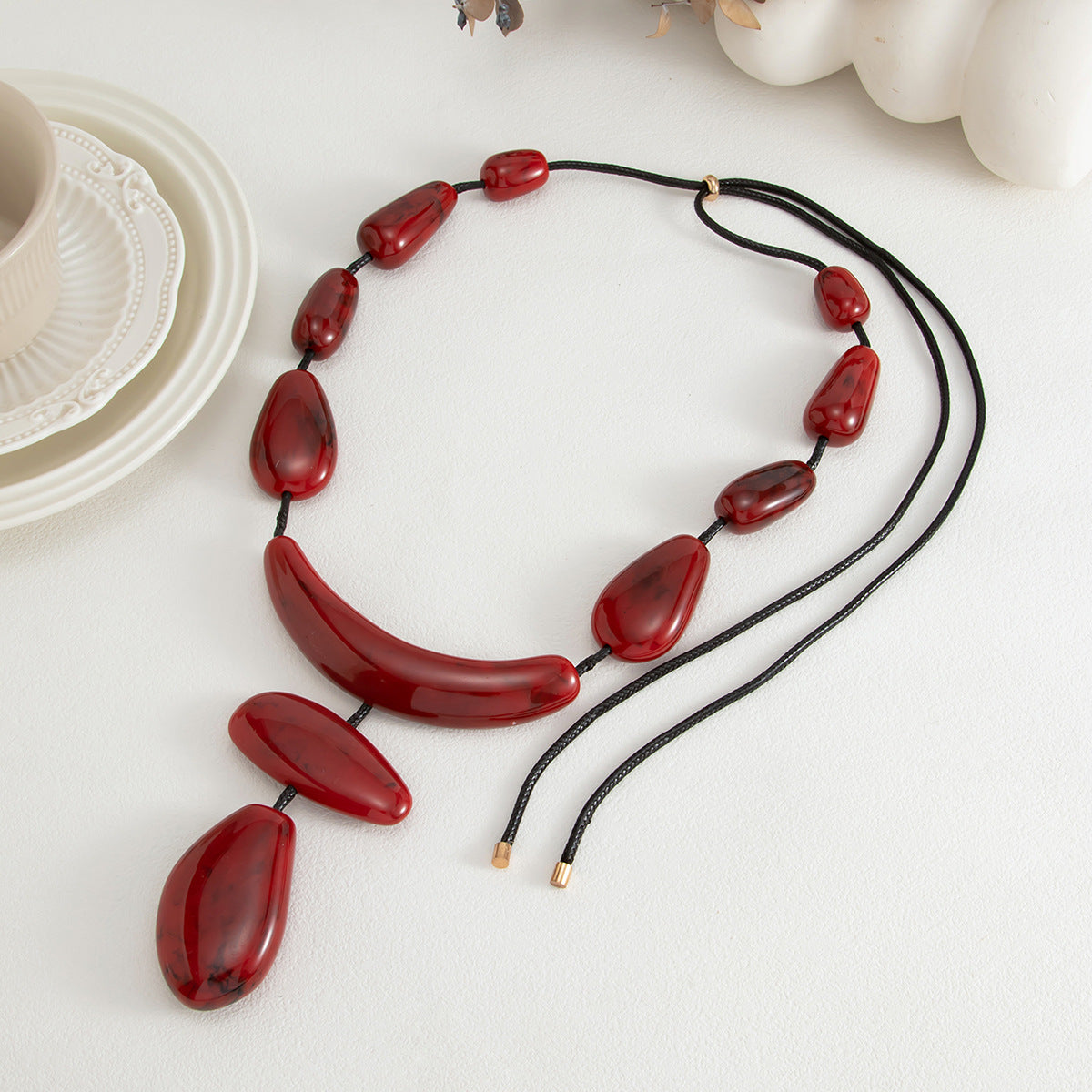 Exaggerated Geometric Oval Resin Pendant Long Necklace with Adjustable Wax Cord for Women
