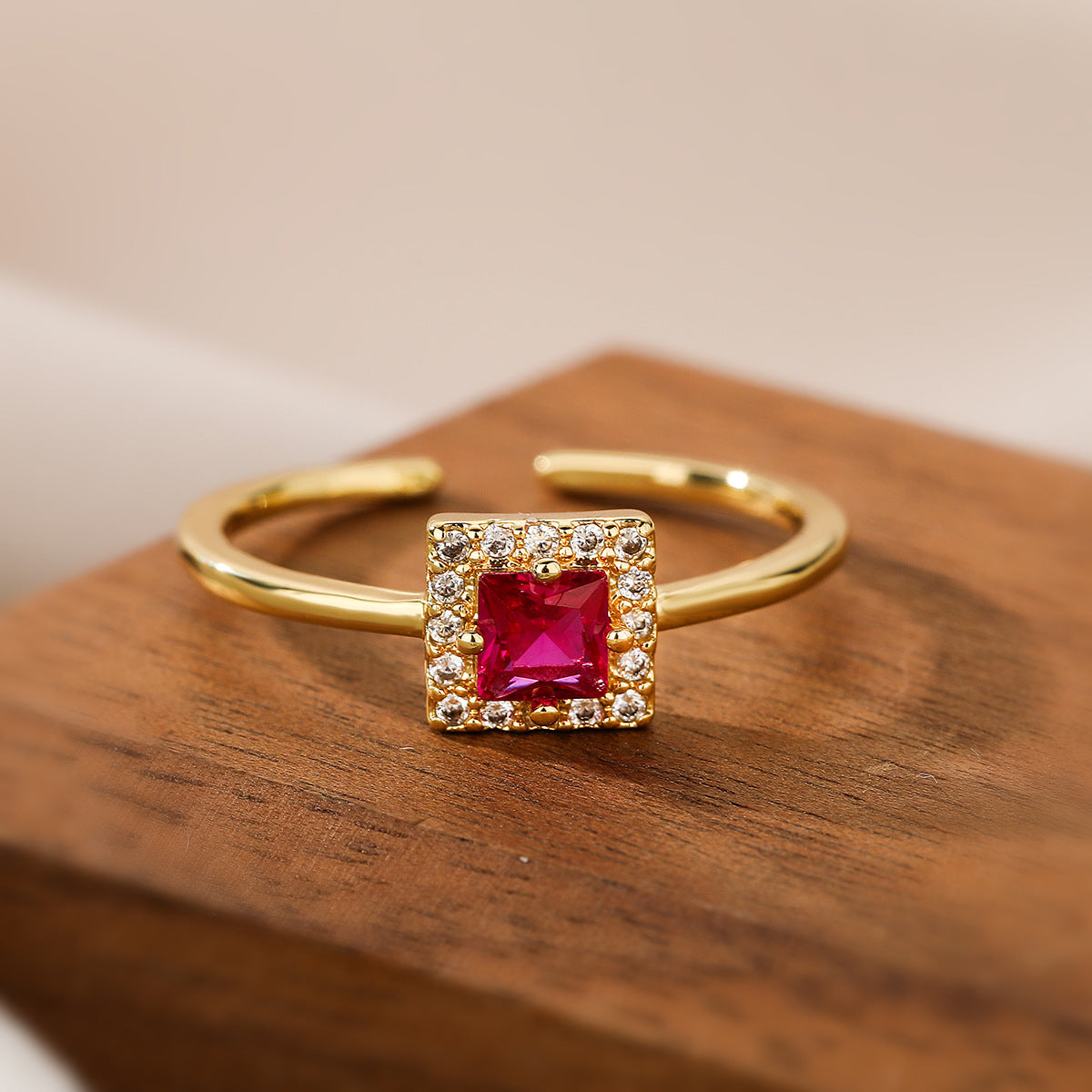 Minimalist Geometric Square Zirconia Open Ring for Women in Brass with Gold Plating