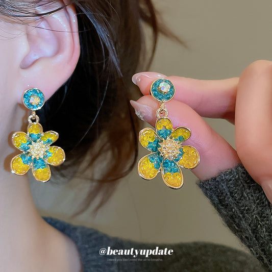 Aretes vintage de botón florales de cristal con incrustaciones de diamantes de imitación en aleación y acero inoxidable para mujer