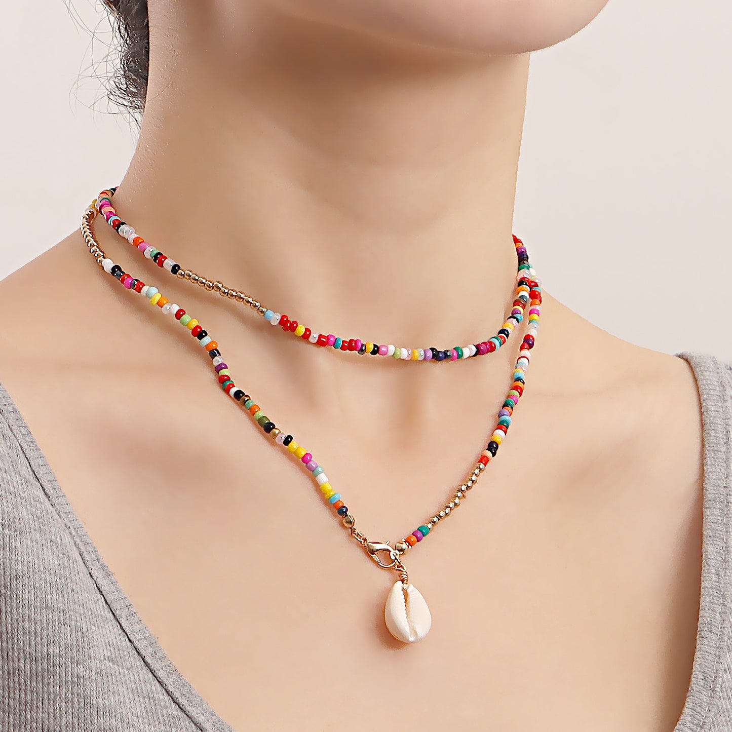Bohemian Double-Layer Shell Pendant Necklace for Women with Geometric Design, Iron Alloy Chain, Electroplated Finish, Clavicle Length