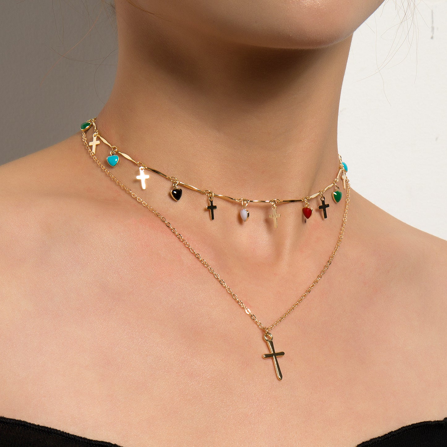 Minimalist Cross Heart Geometric Alloy Necklace with Colorful Rhinestone Enamel Drop, Plated Regular Chain for Women