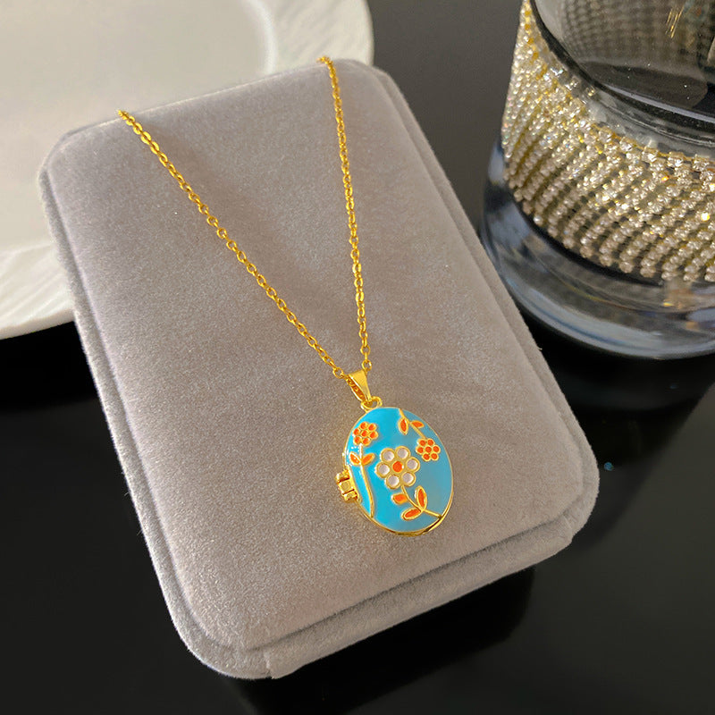 Vintage Drip Oil Floral Heart Oval Pendant Gold Plated Brass Necklace for Women
