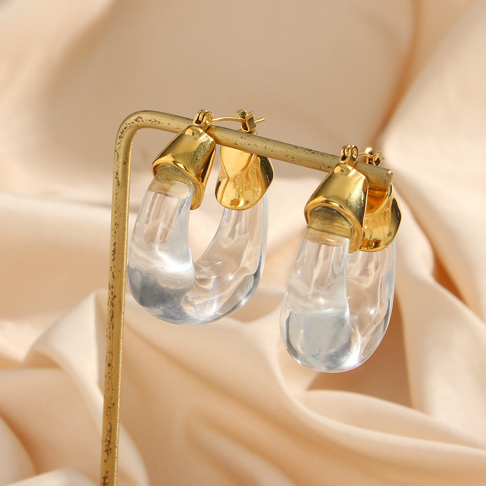 Vintage-Style U-Shaped Stainless Steel Gold-Plated Acrylic Hoop Earrings for Women with Transparent Colorful Design