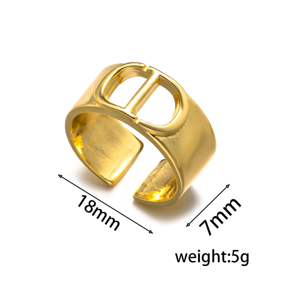Minimalist Luxury Adjustable C-Shaped Titanium Steel Ring with Engraved Letter Design for Women