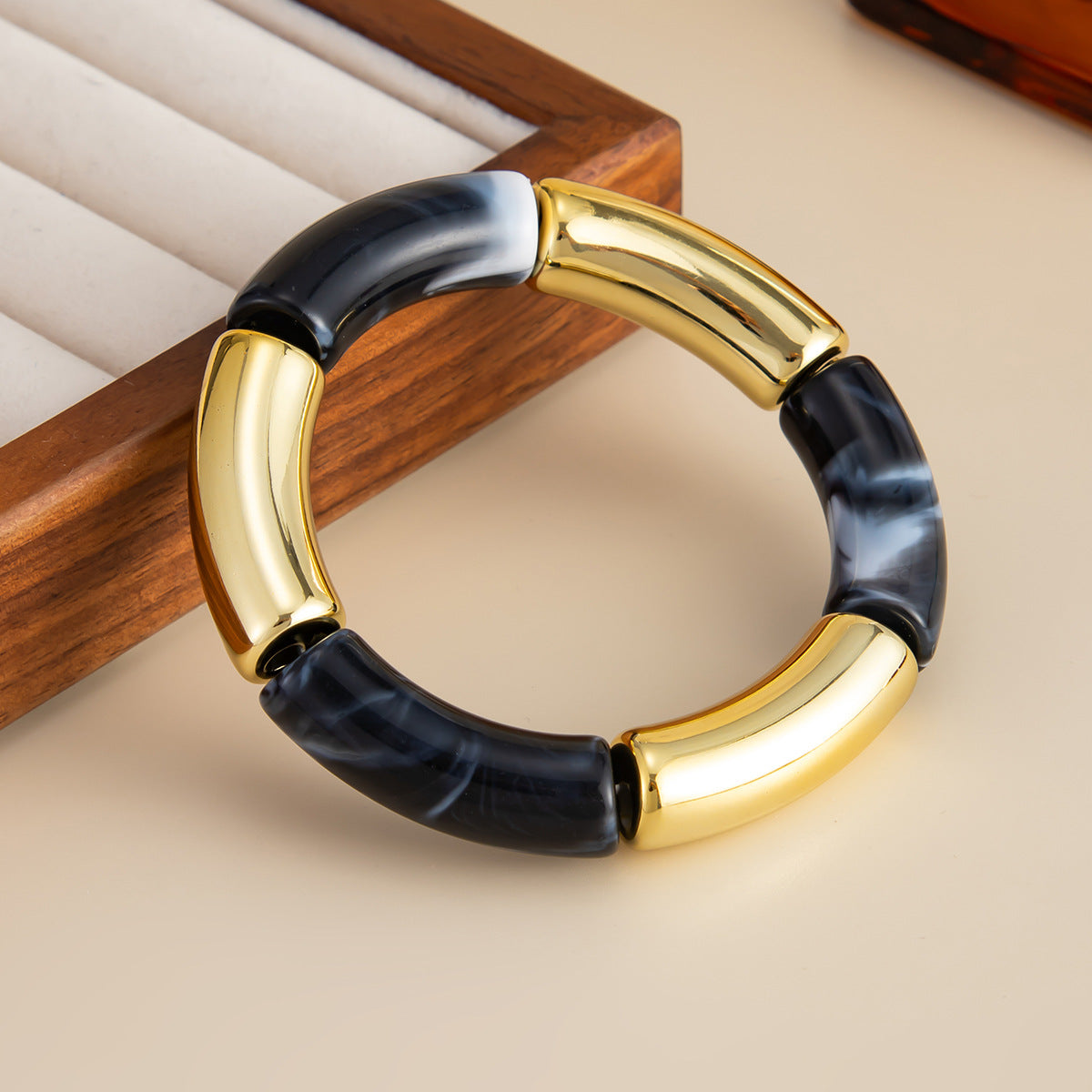 Gradient Round Geometric Resin Beaded Bracelet CCB Bamboo Joint Curved Tube Bangle