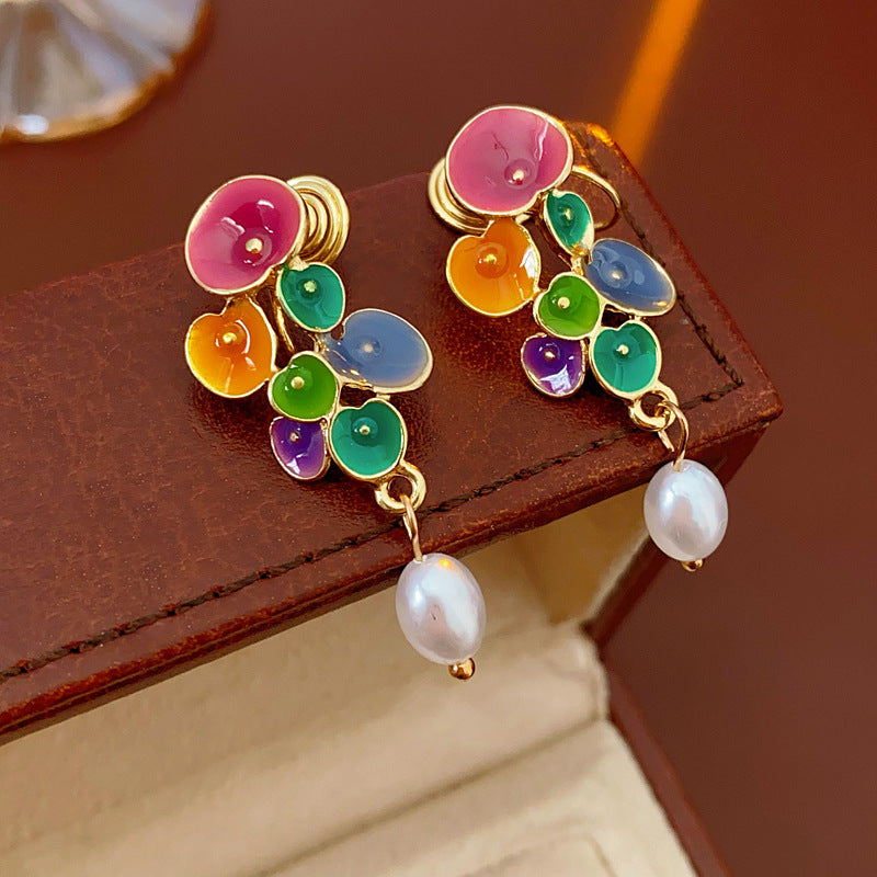 Chic Floral and Geometric Square Pearl Stud Earrings with Rhinestone Inlay and 925 Sterling Silver Posts