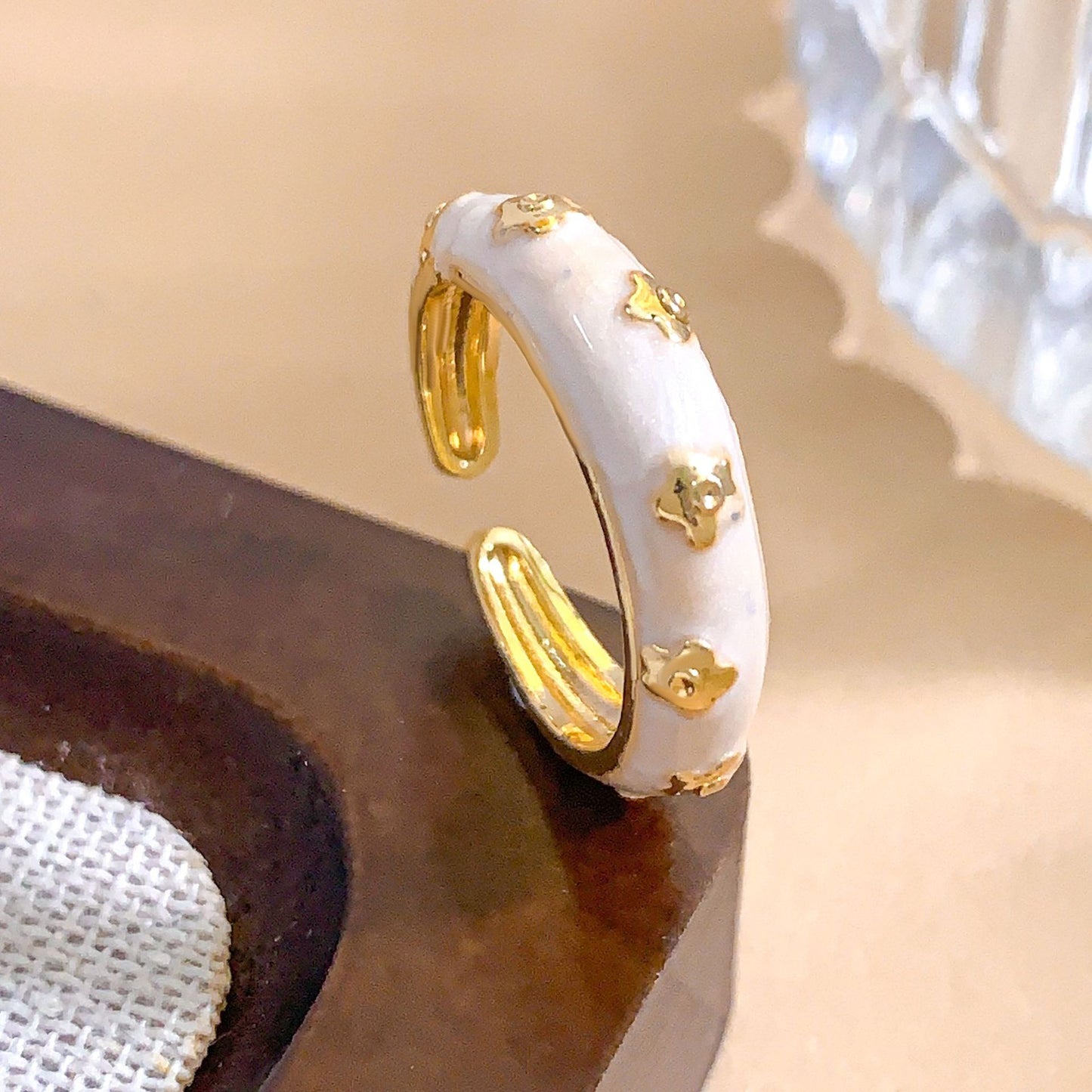 Vintage Sweet Gold Plated Brass Enamel Heart Adjustable Ring for Women