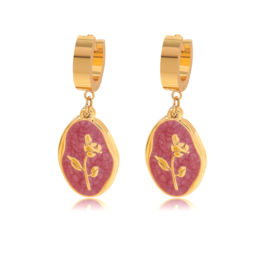 Vintage Floral Drip Oil Stainless Steel Rose Earrings for Women