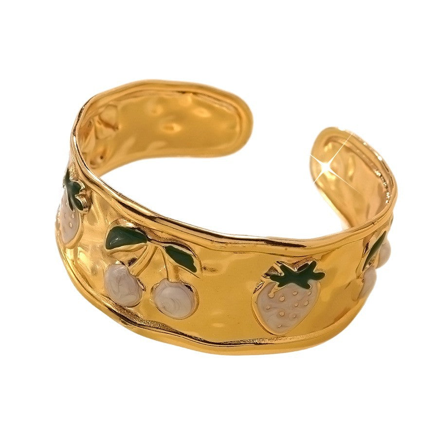 Drip Oil Stainless Steel Cherry Strawberry Open Cuff Bracelet