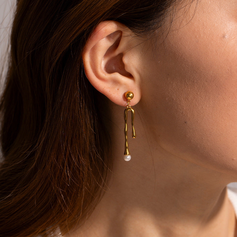 Geometric Stainless Steel Earrings with Pearl Inlay and 18K Gold Plating Titanium Steel Liquid Design for Women