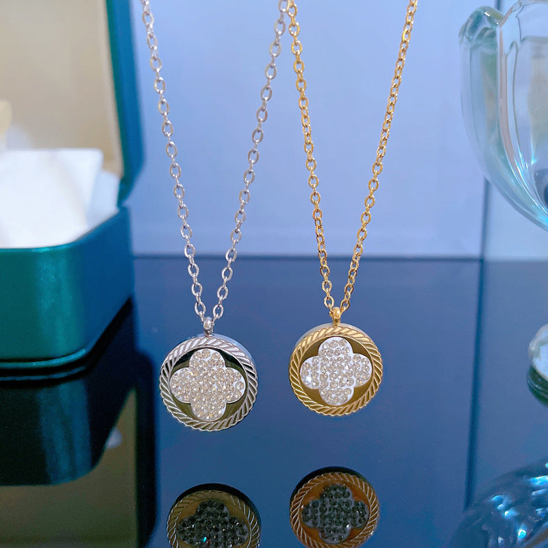 Minimalist Four-Leaf Clover Pendant Necklace in Titanium Steel with Gold Plating for Women