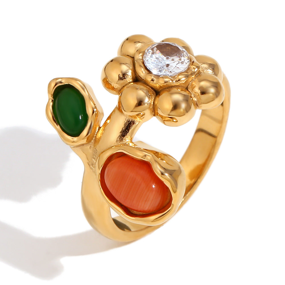 Vintage-Inspired Floral Geometric Stainless Steel Ring with 18K Gold Plating for Women