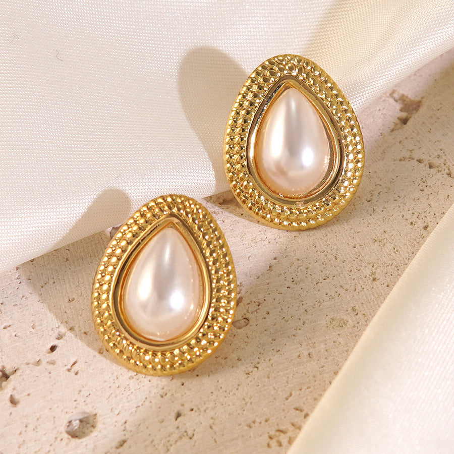 Vintage Geometric Oval Pearl Plated Stainless Steel Earrings for Women