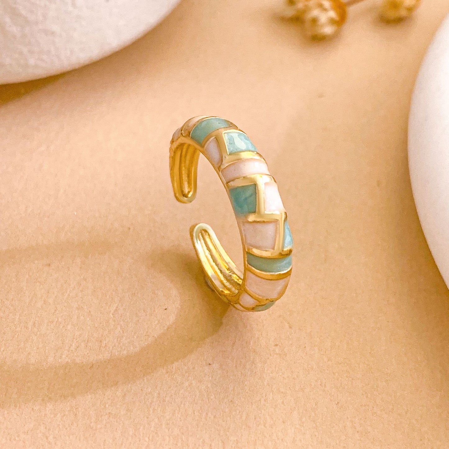 Minimalist Geometric Enamel Gold Plated Brass Ring with Polka Dot Pattern Adjustable Open Design for Women