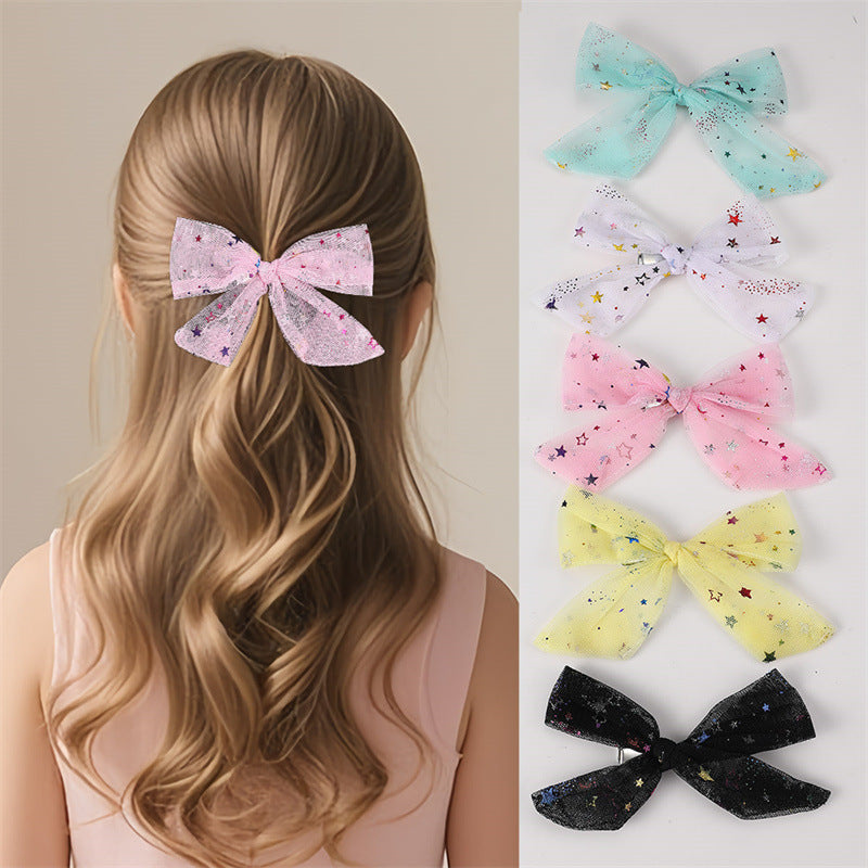 Ribbon Bow Hair Clip Set with Star and Moon Motifs, Sequins, Tulle Netting, and Ruffled Details for Girls