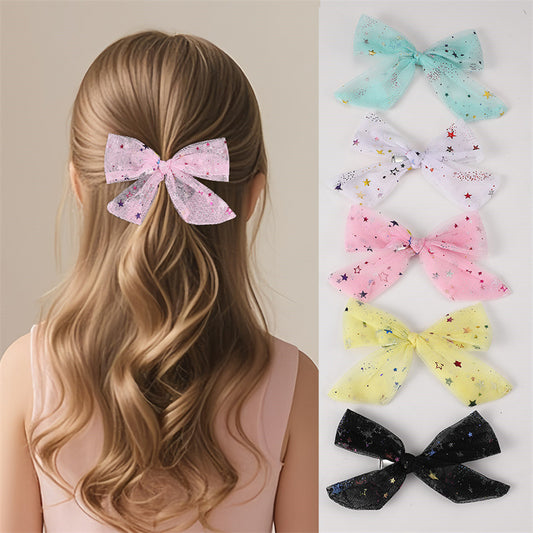 Ribbon Bow Hair Clip Set with Star and Moon Motifs, Sequins, Tulle Netting, and Ruffled Details for Girls