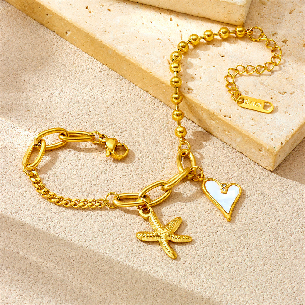 Fashionable Asymmetrical Heart-Shaped Stainless Steel Pendant Bracelet with 18K Gold Plating and Mother-of-Pearl Inlay for Women