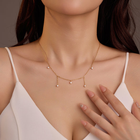 Minimalist Tassel Pendant Necklace in Stainless Steel with Rhinestone Inlay for Women