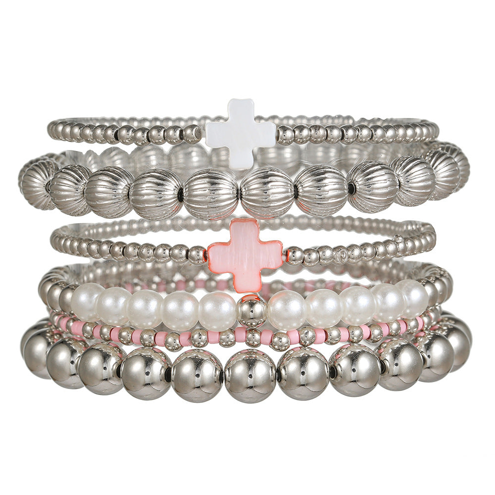 Geometric Cross Acrylic Bracelet with Pearl Inlay