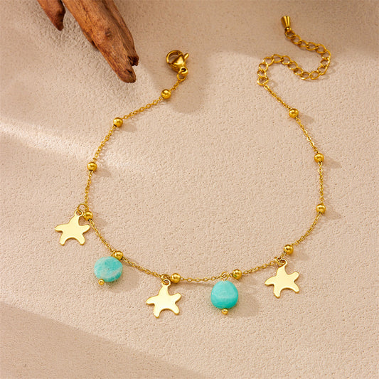 Tobillera de acero inoxidable chapado en oro pulido con colgante minimalista de piedra verde menta en forma de estrella