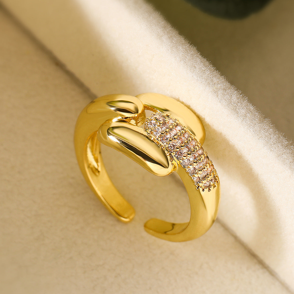Minimalist Geometric Open Ring for Women in Copper with 18K Gold Plating and Zircon Inlay